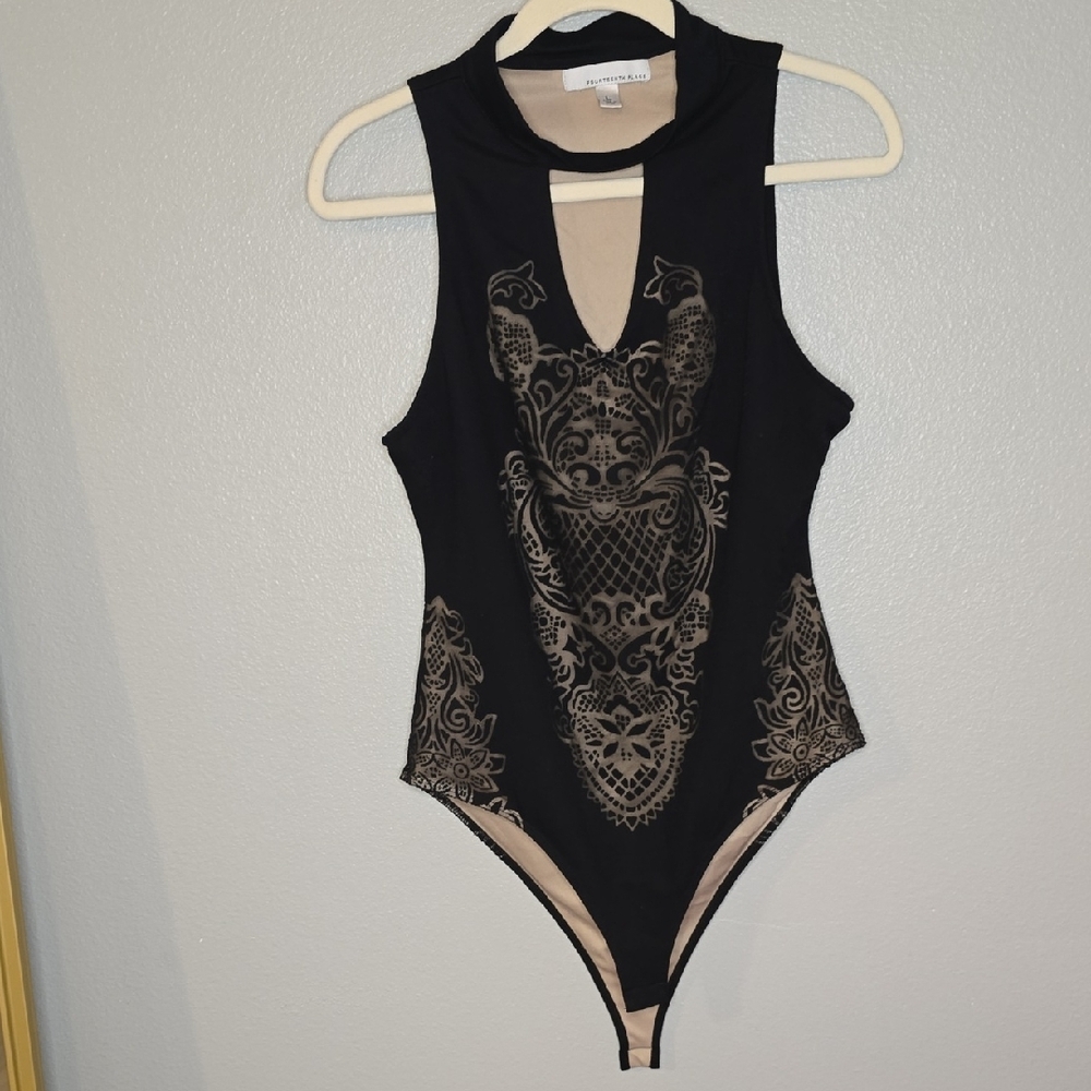 Elegant Black and Tan Bodysuit Top